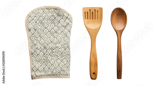 Cooking utensils set featuring bamboo spoon, slotted spatula, and patterned oven mitt for kitchen use