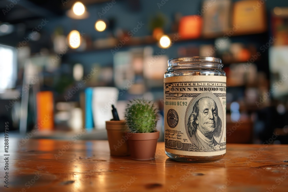 Jar filled with money sitting on a table representing savings strategy Jar filled with money sitting on a table representing savings strategy