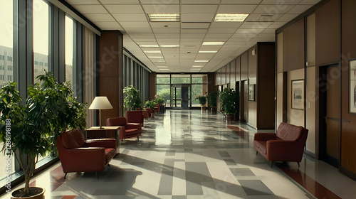 Sunlit Mid Century Modern Office Hallway with Red Chairs