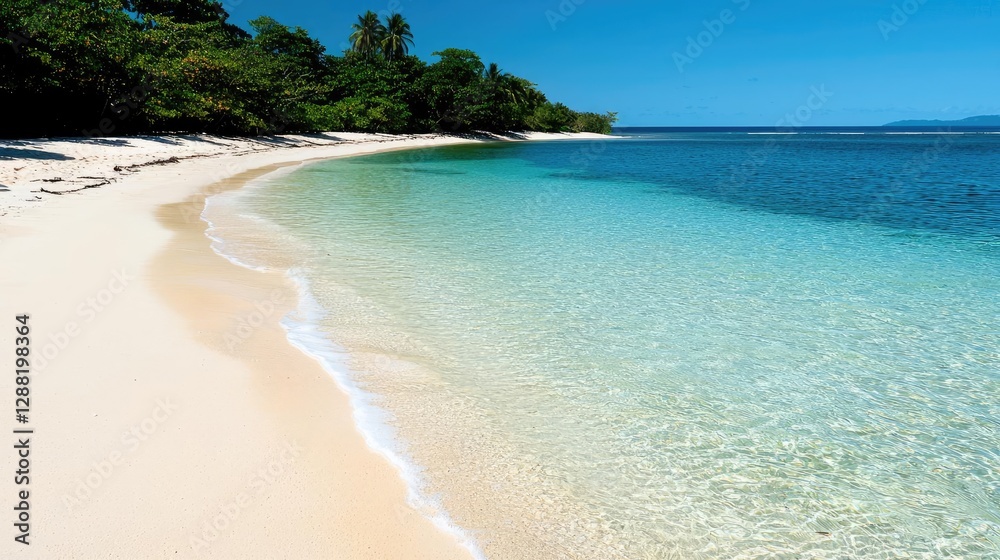 Earth day environmental concept. A tranquil beach with clear water and white sand under a bright blue sky. Earth day environmental concept. A tranquil beach with clear water and white sand under a bright blue sky.