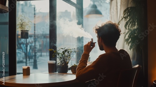 A person enjoying a vaping device while seated at a café window. Featuring modern lifestyle and tranquility