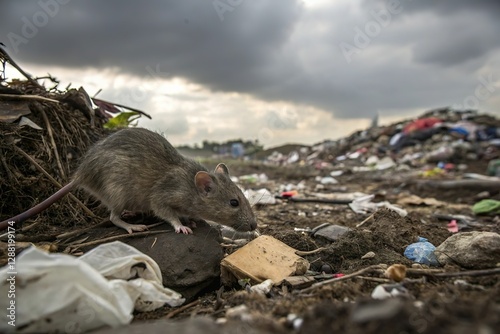 Rat scavenge in dirty landfill trash dump site