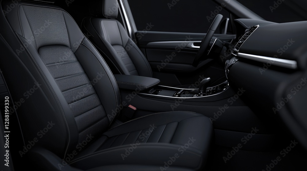 Interior view of a modern car, front seats, dark tones. Possible use Automotive catalog, website Interior view of a modern car, front seats, dark tones. Possible use Automotive catalog, website