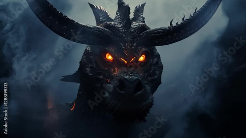 Fiery dragon emerges from darkness with glowing eyes