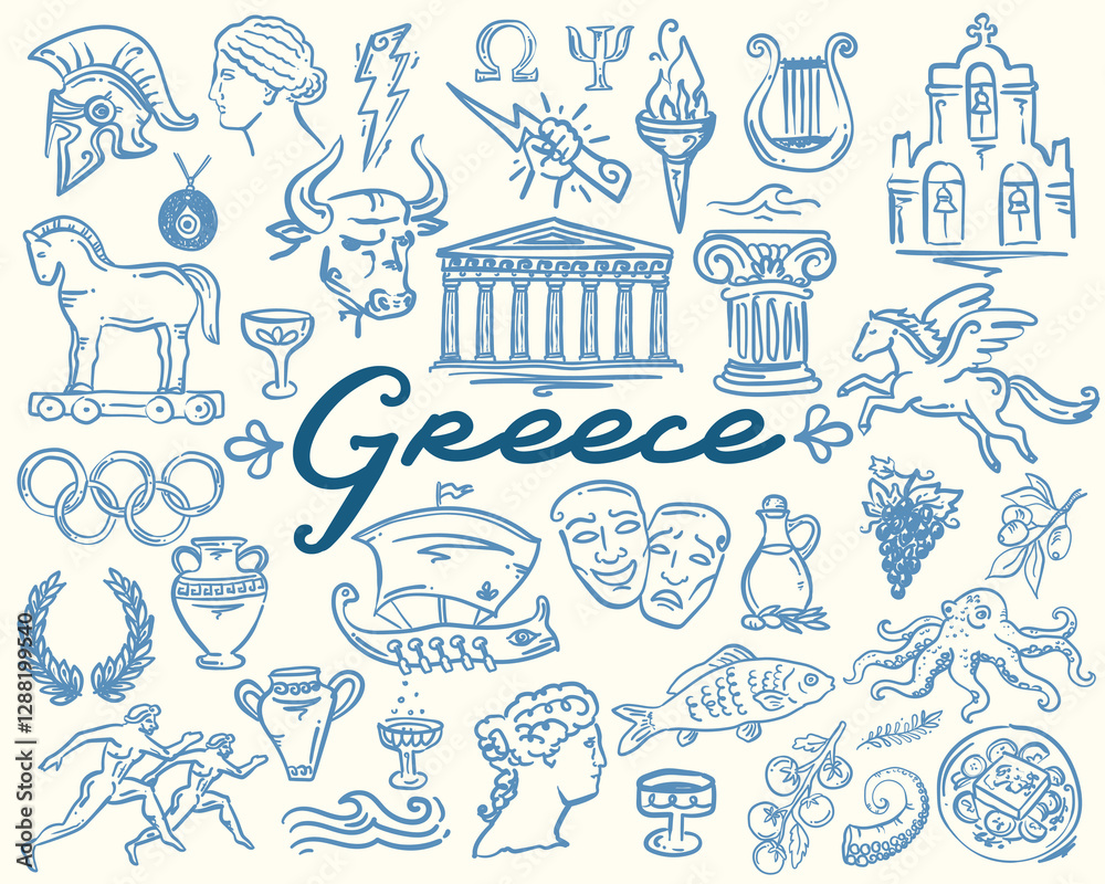 Naklejka premium Hand drawn Whimsical Symbols of Greek Culture, vector set