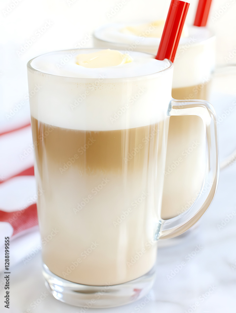 Layered coffee drinks with frothy tops adorned with pale yellow toppings and vibrant red straws against a bright backdrop. Layered coffee drinks with frothy tops adorned with pale yellow toppings and vibrant red straws against a bright backdrop.