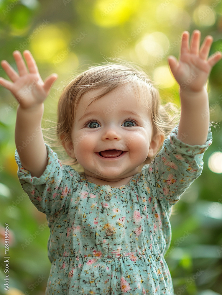 Smiling baby enjoys playtime in a lush garden Smiling baby enjoys playtime in a lush garden