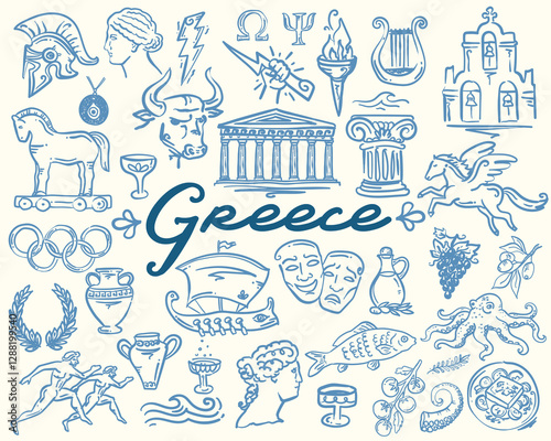 Hand drawn Whimsical Symbols of Greek Culture, vector set