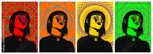 Set of four posters with girls, colorful mandalas, psychedelic poster, colored shadows
