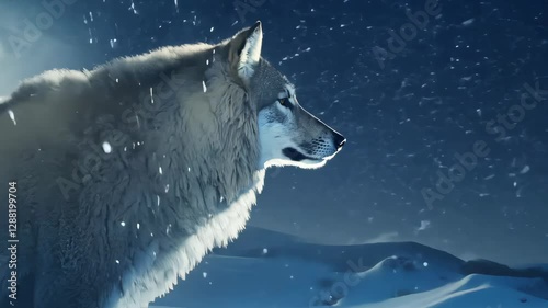Wolf observes majestic snowy landscape under moonlit night sky