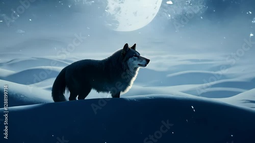 Majestic wolf howling at moonlit night in snowy wilderness