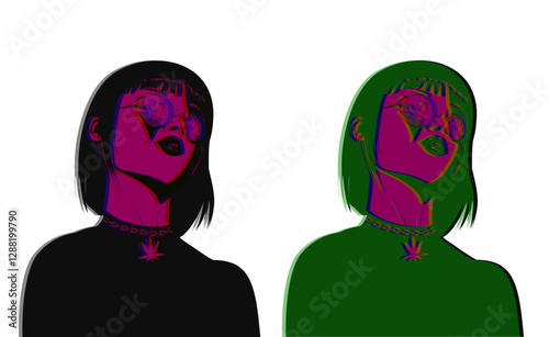 Two girls in glasses with marijuana pendants, colored shadows, pink skin, psychedelic