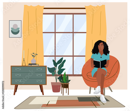 Girl reading book, sitting in armchair in comfortable living room. Pretty black business woman at home with mid century modern interior, large window. Cartoon colorful realistic vector illustration.