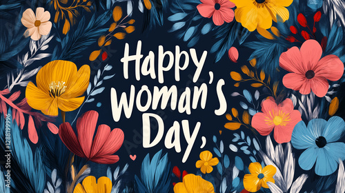 seamless floral pattern with beautiful Typography Happy woman's Day banner on  dark blue background