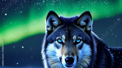 Majestic wolf in motion with breathtaking northern lights backdrop