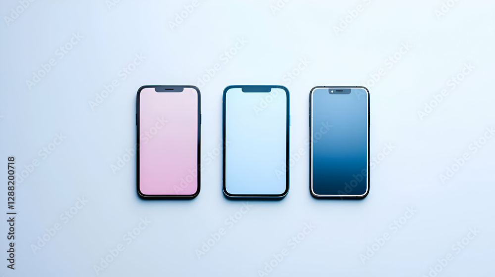 Three Smartphones in Pink, Light Blue and Dark Gray on White Background Three Smartphones in Pink, Light Blue and Dark Gray on White Background