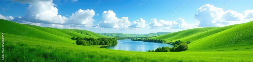 Rolling hills meet the sky with a serene lake in between, green, landscape, sky Rolling hills meet the sky with a serene lake in between, green, landscape, sky