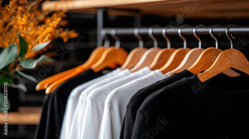   A rack of shirts with a vase in the corner behind them