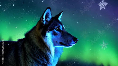 Majestic wolf against northern lights with falling snowflakes