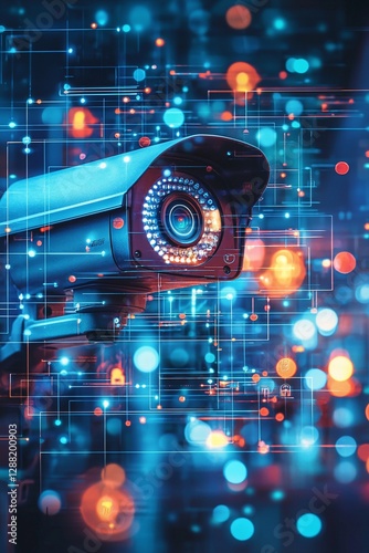 Security camera, digital network, surveillance, data, technology, night, bokeh, cyber