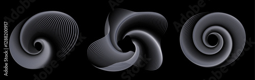 Futuristic halftone dot waveforms on a black background, featuring abstract swirling spiral patterns in dynamic motion with waveform modulation.