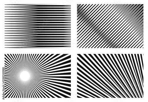 Abstract black and white radiating line patterns, dynamic optical design, exploring direction and focus.
