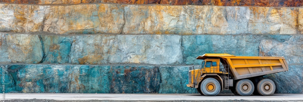 Obraz premium Heavy Mining Truck Transporting Materials in a Vibrant Mineral Quarry at a Excavation Site, Showcasing Steel Machinery and Rich Geological Colors