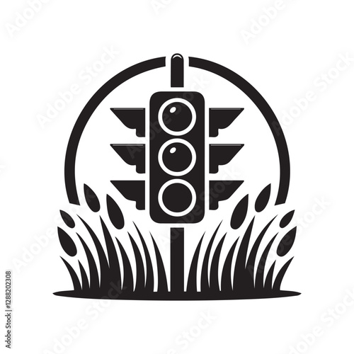 Modern Traffic Light in Grass Icon Silhouette Vector | Urban & Nature Illustration