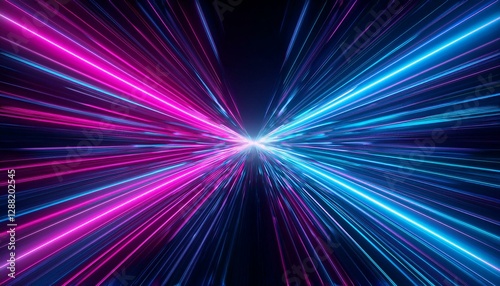 abstract black background with pink and blue neon glowing lines that extend into the distance moving through a tunnel to the right 3d render motion speed of light and hypertunnel moving away