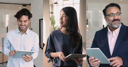 Three multinational teammates, business professionals standing in office holding modern tablets devices, checking e-mails, correspond to clients, using corporate platforms. Digital tools, trading, AI