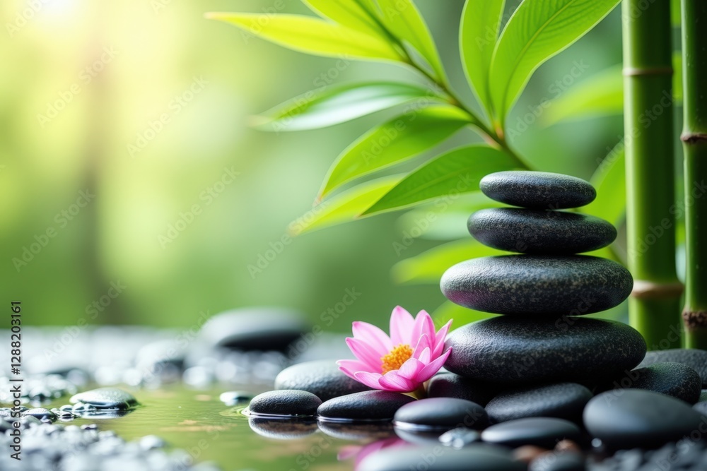 A Serene Arrangement of Black Stones, Green Bamboo, and Pink Lotus Flower by Tranquil Water Reflects Peacefulness in a Natural Setting A Serene Arrangement of Black Stones, Green Bamboo, and Pink Lotus Flower by Tranquil Water Reflects Peacefulness in a Natural Setting