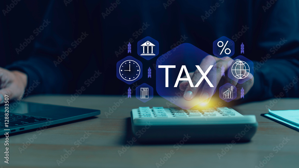 Financial analysis, government taxation, and tax return calculations. A businessman working on a laptop to complete and submit an online income tax return for payment.