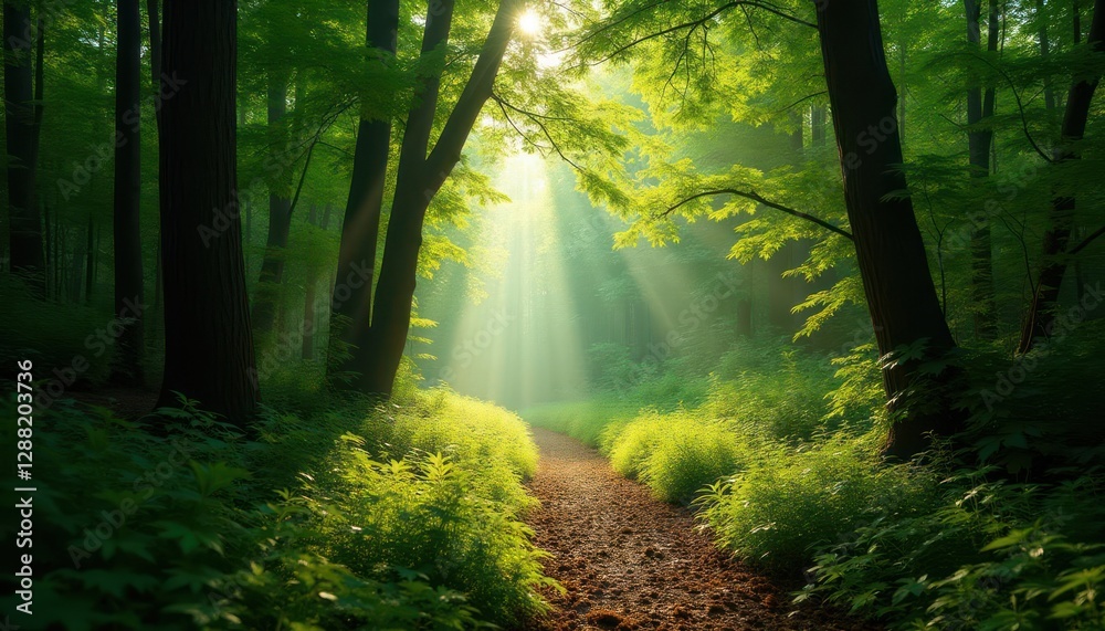 Fototapeta premium Sunlit pathway through a vibrant green forest, a tranquil nature scene