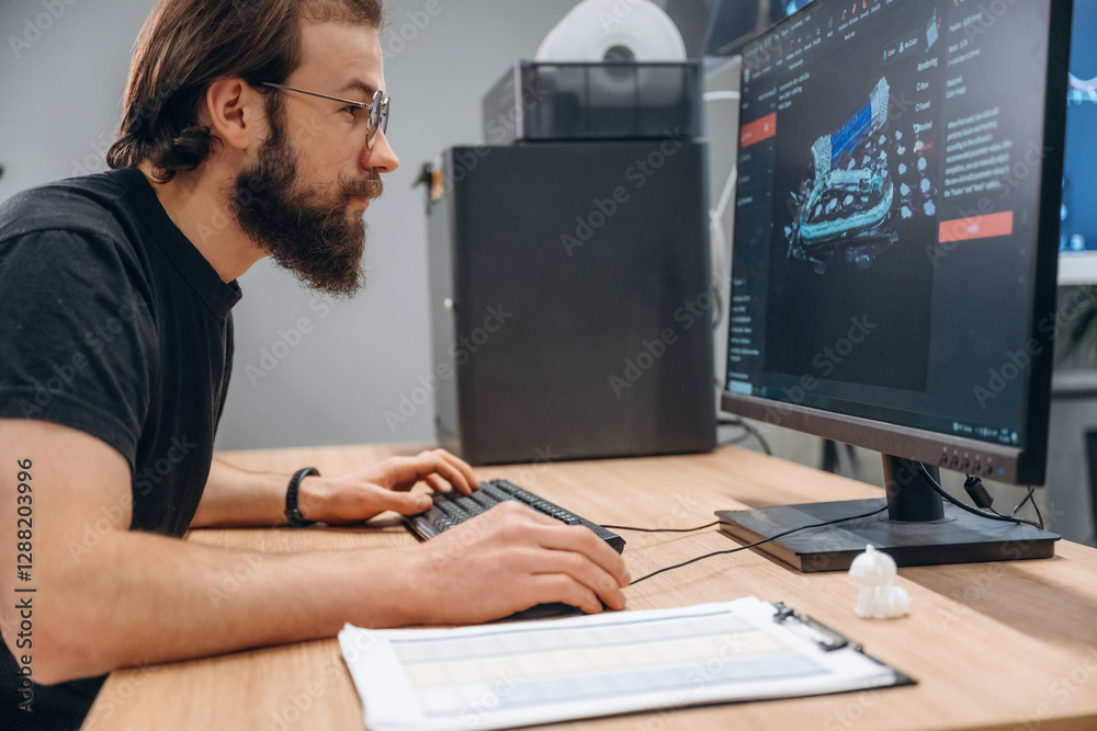 Computer with 3d printer. Man is in the modern office, one person