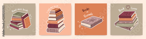 Set of postcards with vintage Books. Stacks of different books. Fantasy literature. Vector.