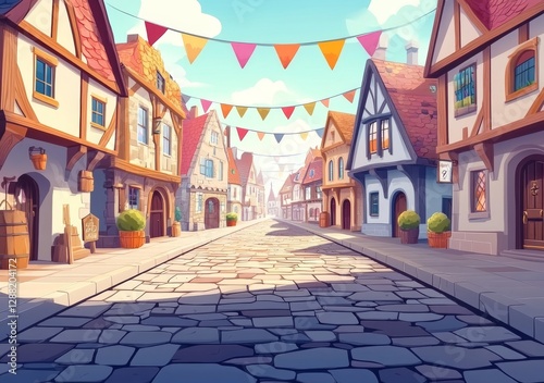 A medieval town street at night, featuring old buildings, depicted in a modern cartoon illustration
