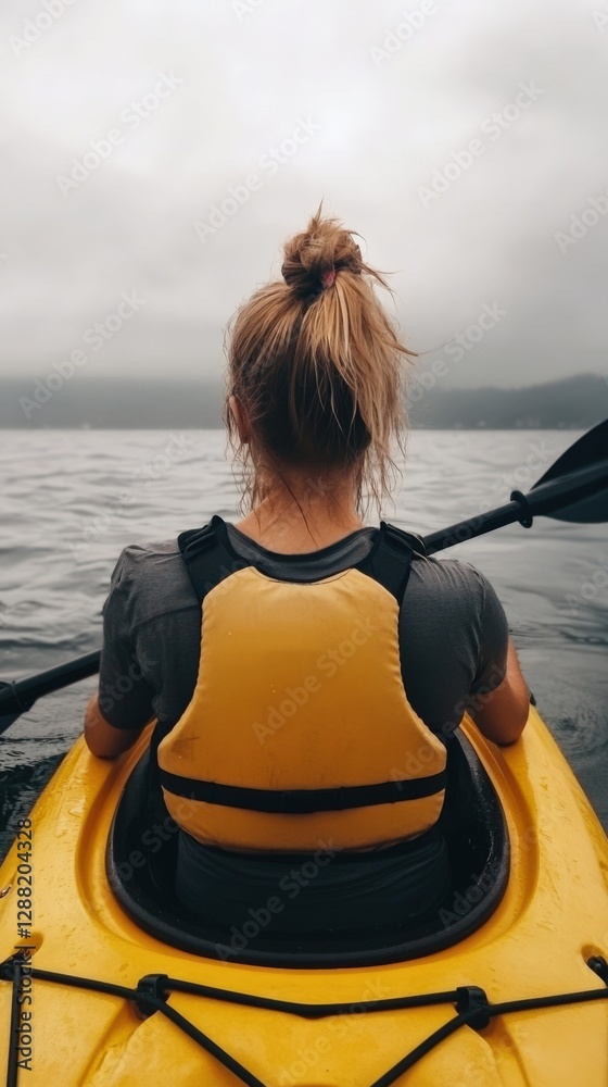 Fototapeta premium A Young Adult Caucasian Female Kayaker Paddling on a Serene Lake Under Overcast Skies, Capturing the Spirit of Adventure and Connection with Nature