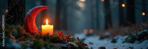 Candlelit crescent-shaped Christmas decorations in the woods, twinklinglights, woodlandchristmas photo