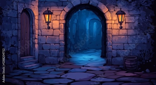 A long, torch-lit corridor of a medieval castle, part of an ancient palace with a stone arch, is illustrated in a contemporary style