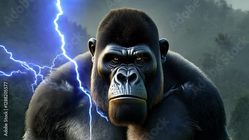 Gorilla in thunderstorm: metamorphosis under dramatic sky
