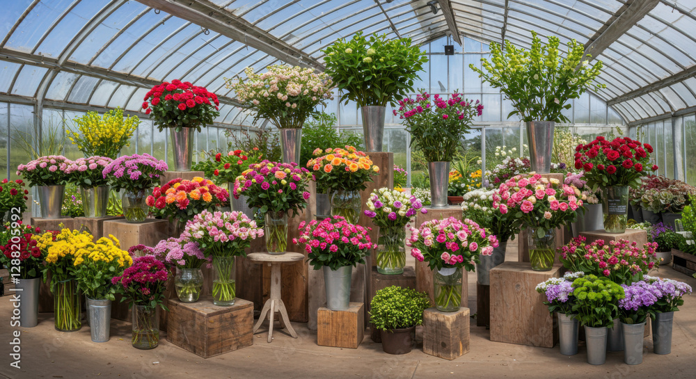 Fototapeta premium Flower shop bouquets and floral arrangements exhibited