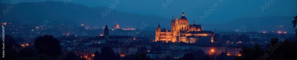 Fototapeta premium Darkened cityscape at night with Angers Cathedral illuminated , old town, cathedral