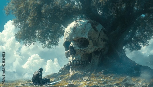 A solitary knight rests beneath a skullshaped tree photo