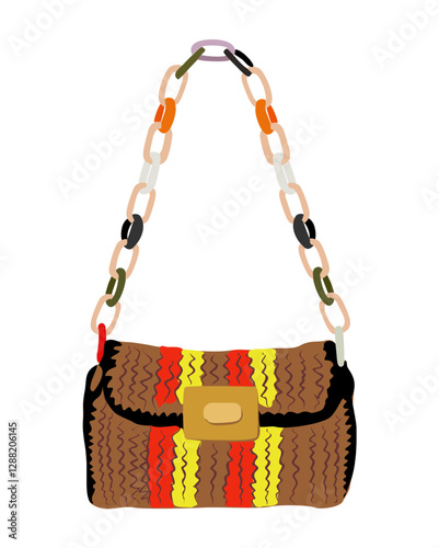 Modern fashion women bag. Knitted female shoulder bag, crossbody bag, purse, messenger. Fashionable handmade accessory. Hand drawn trendy Vector illustration isolated