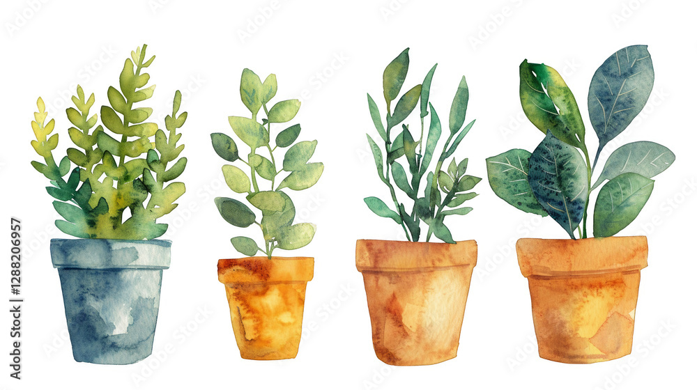Watercolor Painting of Potted Plants Watercolor Painting of Potted Plants