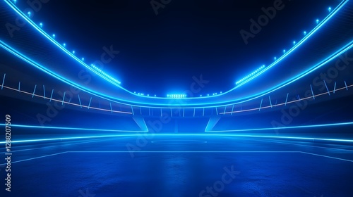 empty futuristic stadium with neon blue lights