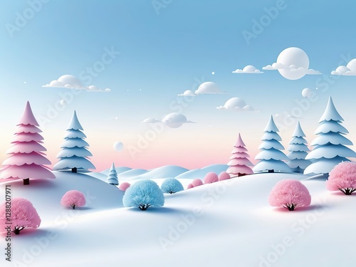 Blue and Pink Light Pastel Kid 3d Winter Landscape Illustration