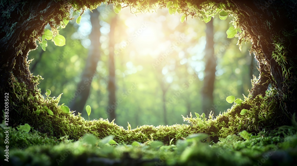 Fototapeta premium Sunlit Forest View Through Mossy Frame
