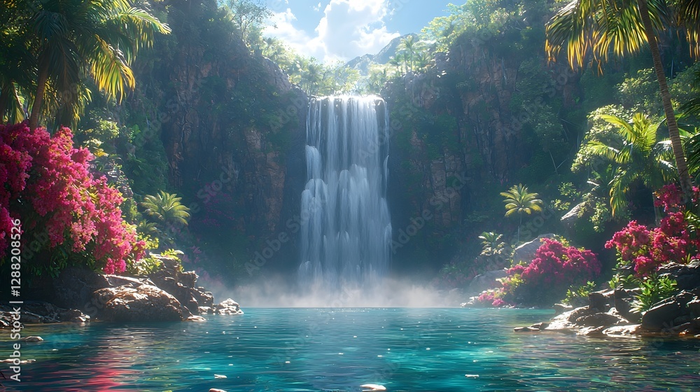 Obraz premium Majestic Tropical Waterfall Surrounded by Lush Palm Trees and Vibrant Flowers