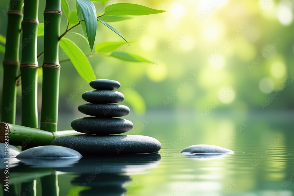 A Serene Setting of Balanced Stones and Bamboos Reflecting in Calm Waters of a Tranquil Nature Scene A Serene Setting of Balanced Stones and Bamboos Reflecting in Calm Waters of a Tranquil Nature Scene